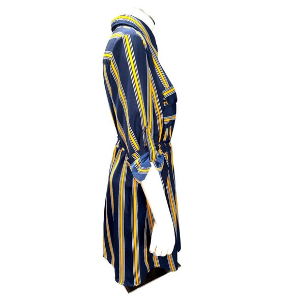 MPH Collection PL Navy Mustard Vertical Stripe Collared Button Front Shirt Dress - Picture 5 of 8